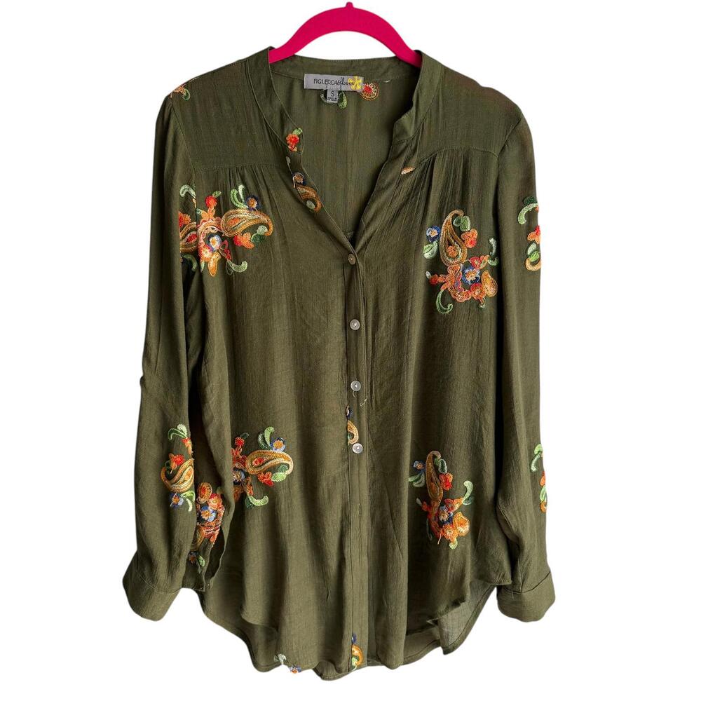 FIGUEROA & FLOWER Green Embroidered Ladies Boho Tunic Top, S